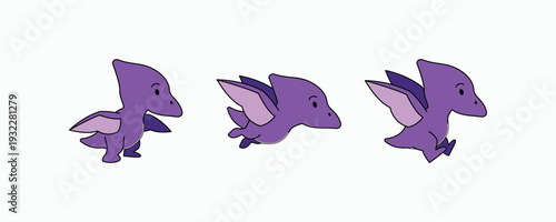 Cute purple pteranodon character animation sprite sheet, cartoon flying dinosaur flight cycle isolated on white background