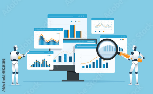 flat vector illustration design artificial intelligence automation and data analytics technology. use of AI-powered systems to analyze data assisting for business. robot working with monitor graphs 