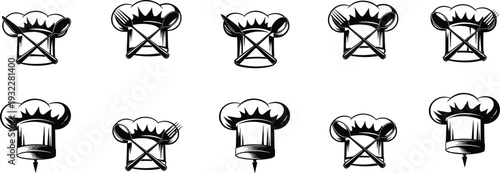 Vector Illustration Set of Chef Hat Silhouettes with Crossed Knives Forks and Spoons Representing Culinary Arts Restaurant Logos Catering Services and Professional Kitchen Branding