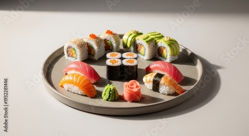 Gourmet sushi selection on modern ceramic plate