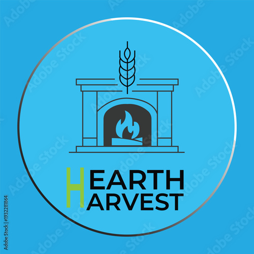 : Hearth Harvest logo design featuring a fireplace and wheat stalk in a blue circle.