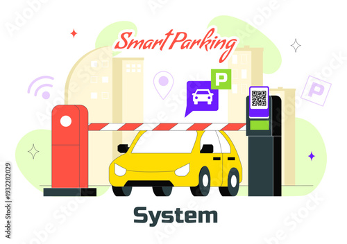 Smart Parking System Technology Vector Illustration Featuring Urban Infrastructure with IoT Connectivity and Modern Transportation in Flat Background