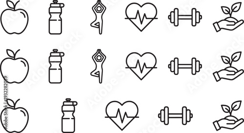 Health and Fitness Line Icon Set – Wellness, Gym and Nutrition Vector Collection