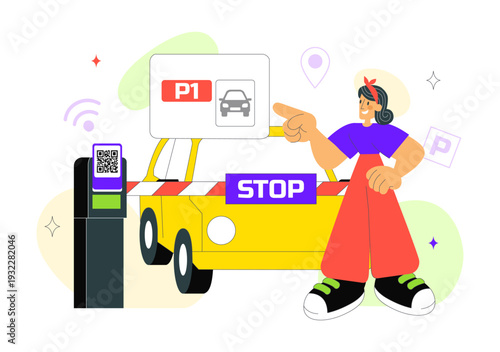 Smart Parking System Technology Vector Illustration Featuring Urban Infrastructure with IoT Connectivity and Modern Transportation in Flat Background