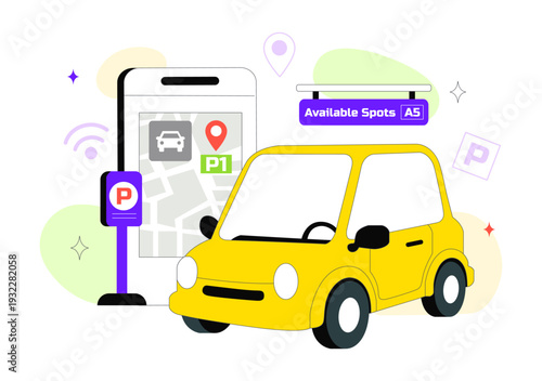 Smart Parking System Technology Vector Illustration Featuring Urban Infrastructure with IoT Connectivity and Modern Transportation in Flat Background
