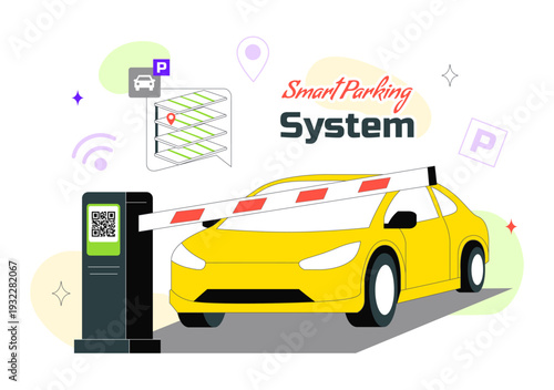 Smart Parking System Technology Vector Illustration Featuring Urban Infrastructure with IoT Connectivity and Modern Transportation in Flat Background