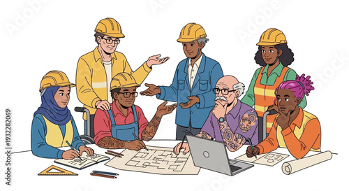 Diverse team of architects and engineers collaborating on construction project