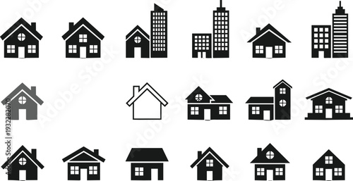 Vector illustration set of house and building icons including residential homes, apartments, city skyscrapers, real estate silhouettes, and architectural property symbols on white background.v