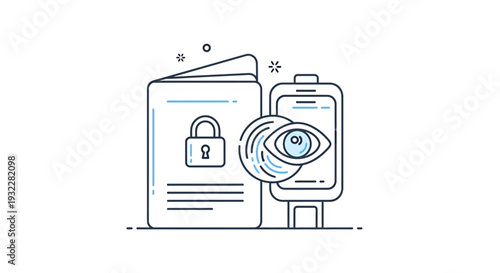 Digital Security and Privacy Concept: Lock on Document, Eye Scan, Smartphone