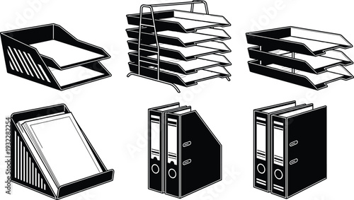 Vector illustration set of office document organization tools including paper trays, desktop file sorters, and vertical ring binders for business storage isolated on white background.