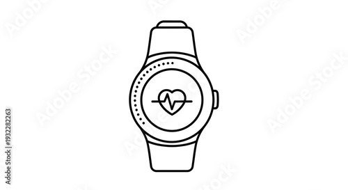 Smartwatch with Heartbeat Monitor Icon, Health Technology Concept, Black and White Line Art