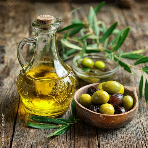 Olive oil in a glass bottle beside a bowl of olives on a wooden surface