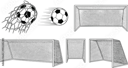Vector Illustration Set of Soccer Goals and Footballs Featuring a Ball Hitting the Net and Motion Blur Representing Sports Competition Scoring and Athletic Equipment