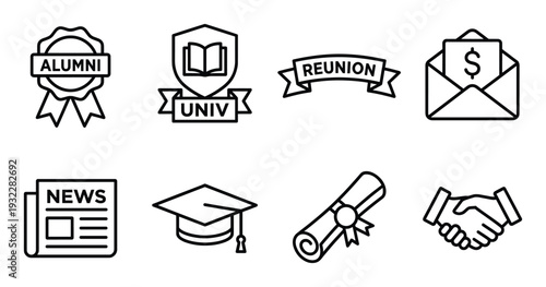 Alumni association icon set including graduation cap diploma university shield and reunion banners