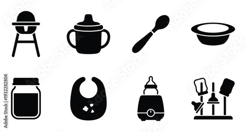 Baby feeding tools and equipment vector flat illustration in simple silhouette style