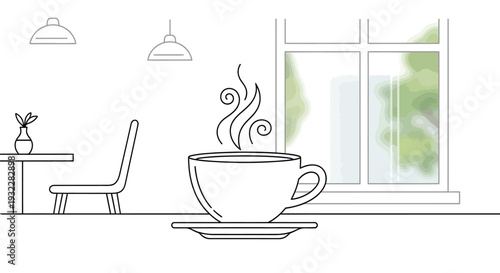 Relaxing outline illustration featuring a steaming hot coffee cup on a saucer, beautifully positioned within a cozy cafe setting.