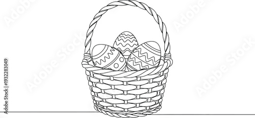 Simple outline drawing of a woven basket holding three beautifully decorated traditional Easter eggs for holiday fun