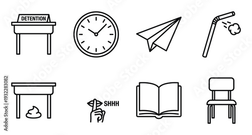 Bad student behaviour at school funny educational situations line art icons set vector