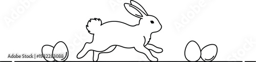 Minimalist black and white line art illustration of an energetic bunny hopping past hidden easter eggs on a flat surface