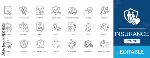 Insurance Life Health Financial Risk Management Vector Icon Set.