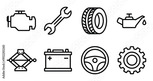 Car service, maintenance and repair spare parts linear vector icons set for vehicle diagnostics