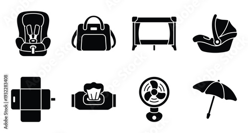 Collection of baby related vector flat illustration in simple silhouette style