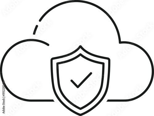 Simple black line art icon depicting cloud computing security and verified data protection against digital threats