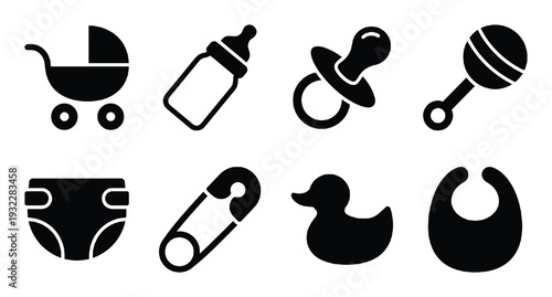 Collection of baby related vector flat illustrations in simple silhouette style