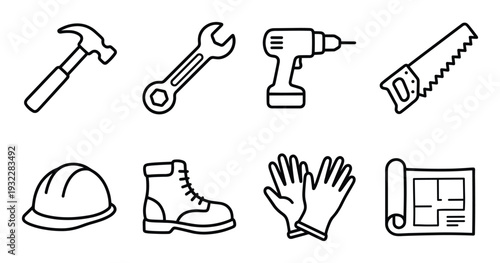 Construction and repair tools vector flat illustration in simple line style