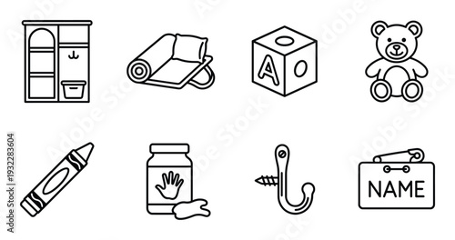Daycare and preschool icons collection with childhood education toys furniture and safety equipment