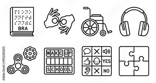 Disability icons set with braille book sign language wheelchair and assistive communication tools