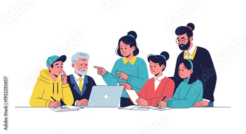 Diverse team collaborating on project with laptop and documents