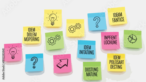 Colorful sticky notes with drawings and strange text