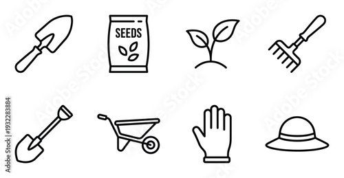 Gardening icons set featuring essential tools and symbols for cultivating plants and growing