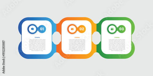 3 points infographic with gradient style with round square box with big thick outline layer behind with 3 elements stages