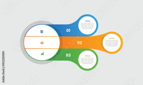 3 points infographic with gradient style with big circle left with small circle connection extrusion on right side with 3 elements stages