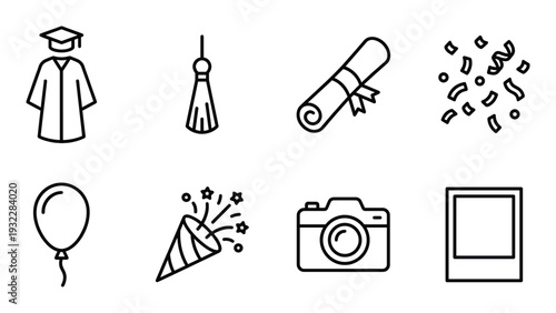 Graduation icons set with gown tassel diploma confetti balloon party popper camera and photo frame