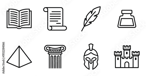 History icons set with open book scroll feather quill inkwell pyramid column helmet and castle art