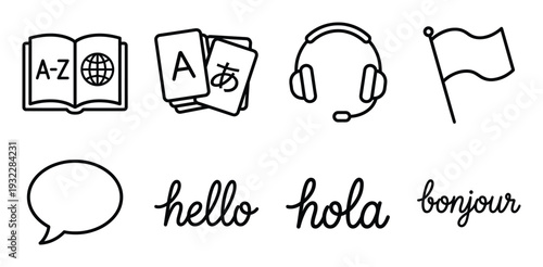 Language learning icons for translation services communication and education across global boundaries