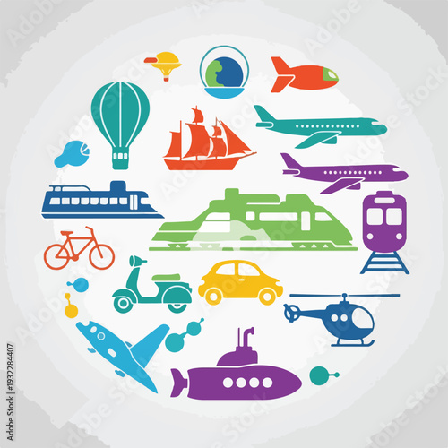 Colorful travel icons arranged in a circle. Diverse modes of transit