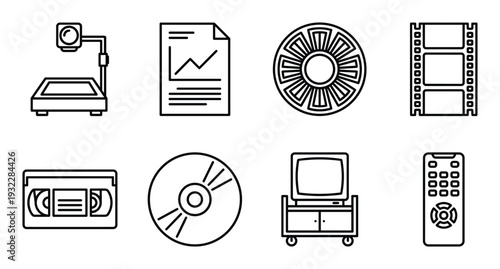 Multimedia entertainment set contains scale paper film reel film strip vhs dvd television remote