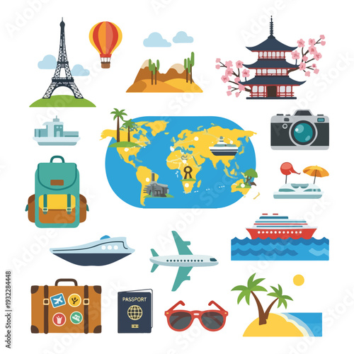 Colorful travel icons including landmarks, transportation, and accessories