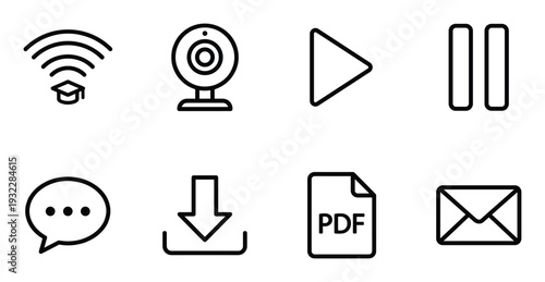 Online education and communication technology linear vector icons set for webinar learning