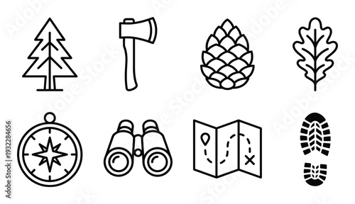 Outdoor hiking icon set featuring pine tree axe cone leaf compass binoculars paper map and footprint