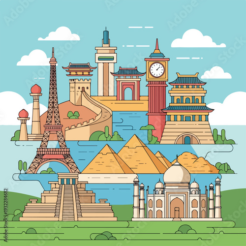 Colorful travel illustration, featuring iconic landmarks and monuments
