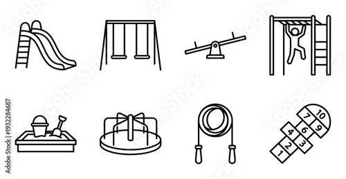 Playground equipment line icon set featuring outdoor recreation activities for children and families