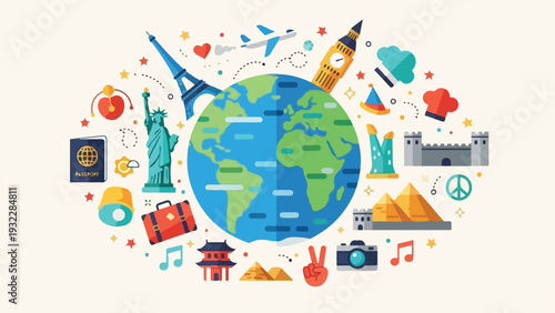 Colorful travel illustration, featuring iconic landmarks and the Earth