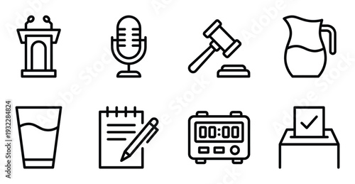 Public speaking and election icons for political debate judicial proceedings and democratic voting