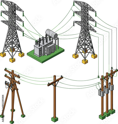 Vector isometric illustration of high voltage electric power transmission lines with steel towers, electrical transformer substation, and wooden utility poles with green cables.