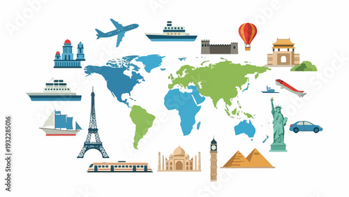 Colorful travel-themed illustration with a world map and landmarks